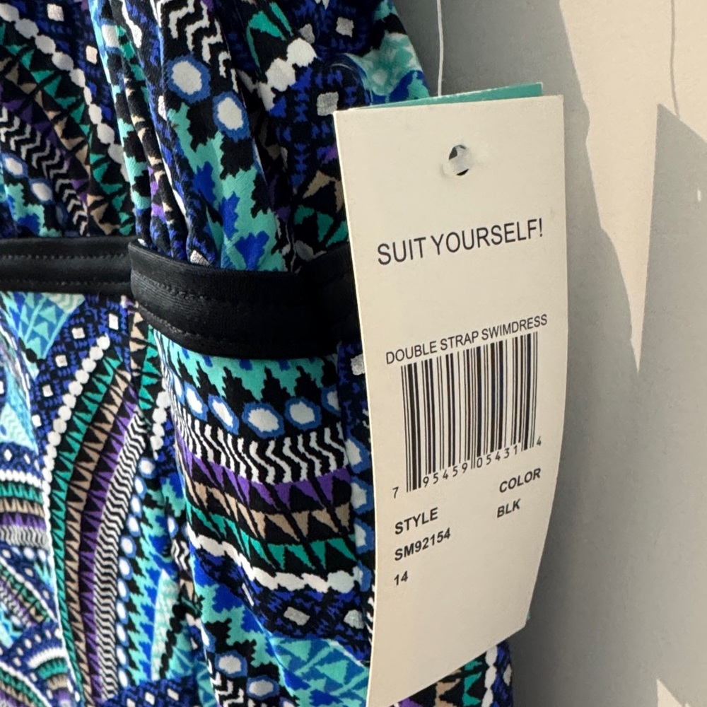 “Suit Yourself” Double Strap Blue, Black, Purple Patterned Swimdress Size 14 - Picture 3 of 8